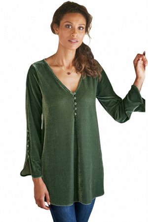 Зеленая бархатная блуза с отделкой пуговицами