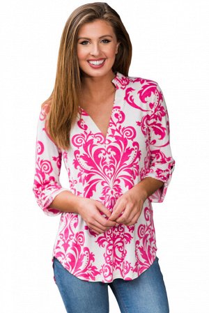 Белая блуза с удлинением сзади и розовым дамасским узором