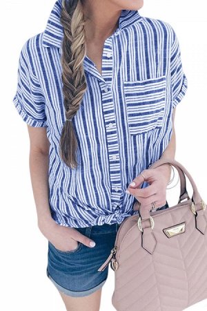 Синяя в полоску блуза-рубашка с короткими рукавами