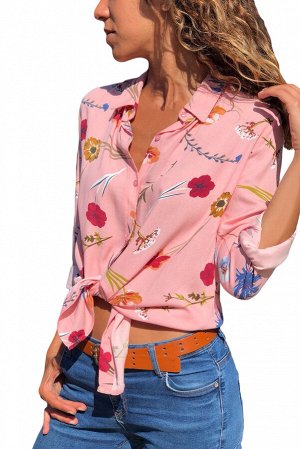 Розовая в цветы блуза-рубашка на пуговицах