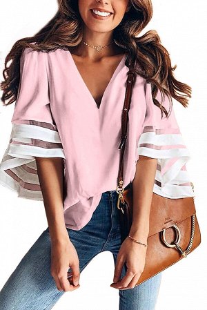 Розовая свободная блуза с V-образным вырезом и белыми полосами на широких рукавах