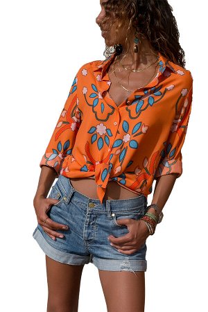 Оранжевая в цветы блуза-рубашка на пуговицах