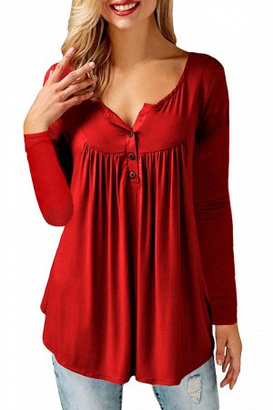 Красная блуза-туника на пуговицах и со сборками на груди