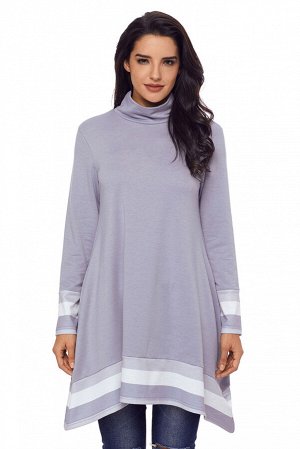 Серая расклешенная блуза-туника с карманами и полосатой окантовкой на рукавах и внизу