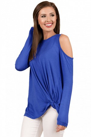 Синяя блуза с вырезами на плечах и декоративным узлом