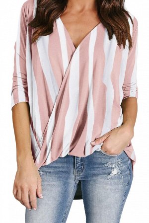 Розово-белая полосатая блуза с запахом и удлинением сзади