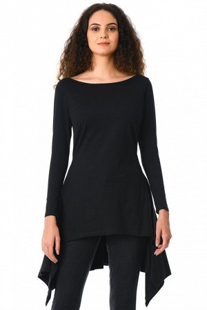Черная приталенная блуза-туника с асимметричным подолом
