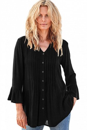 Черная блуза-туника с плиссировкой и воланами