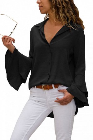 Черная блуза-рубашка с двойными воланами на рукавах