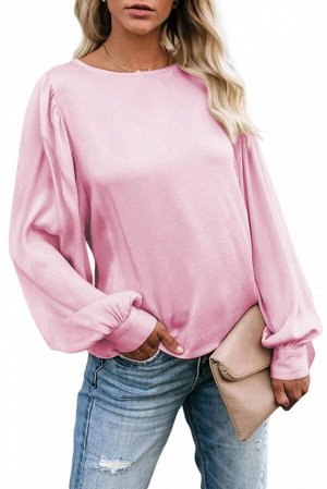 Розовая свободная блуза с вырезом-лодочкой и пышными рукавами