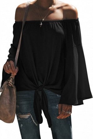 Черная блуза с открытыми плечами, длинными расклешенными рукавами и завязками на талии