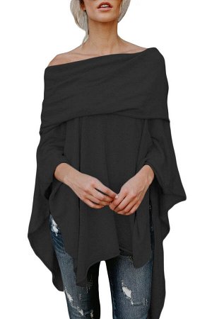 Черная асимметричная блуза-пончо с широким отворотом сверху