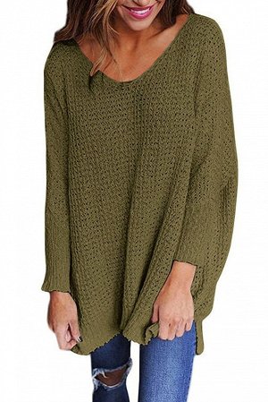 Защитно-зеленый вязаный свитер в стиле оверсайз с мелким узором и V-образным вырезом