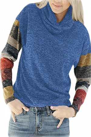 Синий меланжевый свитер с разноцветными полосатыми рукавами