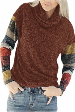 Бордовый меланжевый свитер с разноцветными полосатыми рукавами