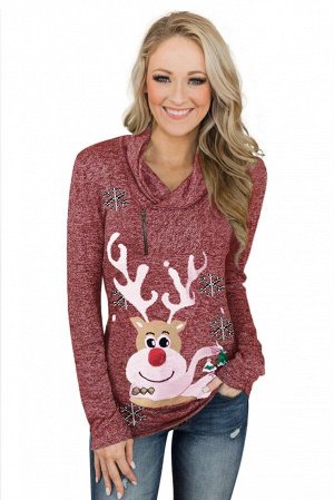 Бордовый пуловер с рождественским оленем и воротником-хомутом