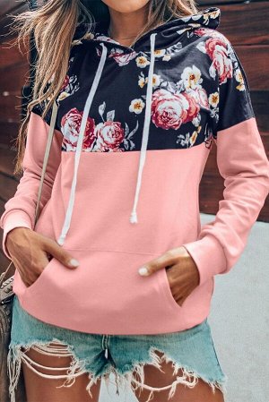 Розовый пуловер-худи с цветочной вставкой и карманом-кенгуру