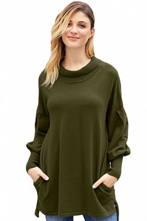 Темно-зеленый свободный свитер-туника с пышными рукавами и карманами