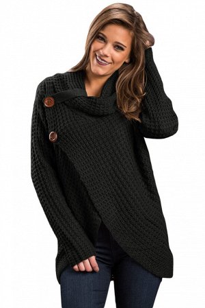 Черный вязаный свитер с запахом и застежкой на пуговицы