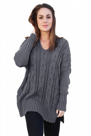 Серый вязаный свитер в стиле оверсайз с крупным узором из кос
