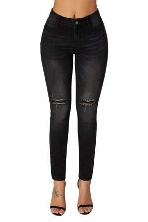 Черные джинсы-скинни с высокой посадкой и разрезами на коленях