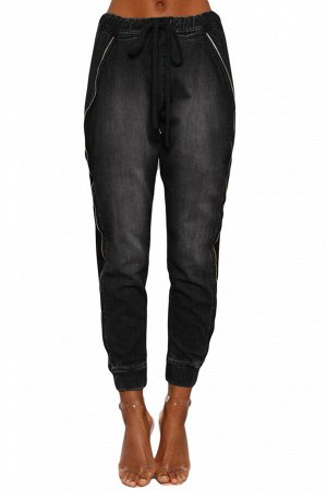 Черные "вареные" джинсы-бойфренды с манжетами и шнурком в талии
