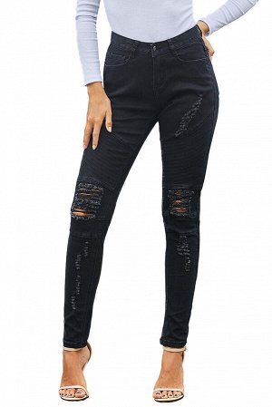 Черные джинсы-скинни с потертостями и разрезами