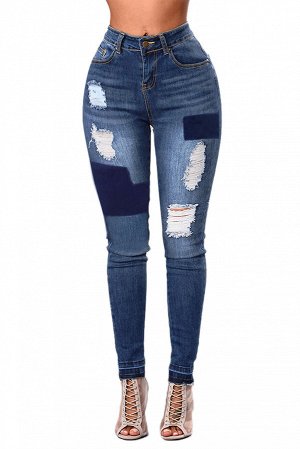 Синие джинсы-скинни с потертостями и "заплатками"