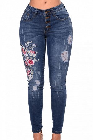 Синие облегающие джинсы с потертостями и цветочной вышивкой