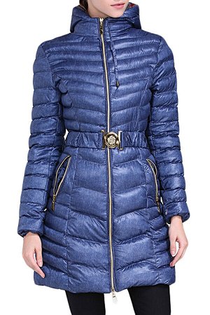 Синяя удлиненная зимняя куртка с поясом и капюшоном