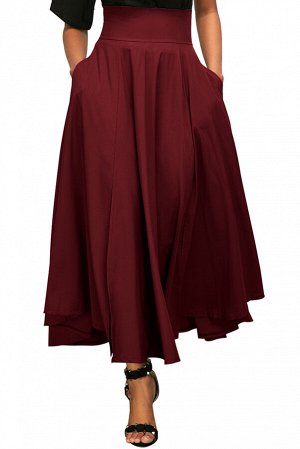 Бордовая расклешенная макси юбка с высокой талией и поясом-бантом в ретро стиле