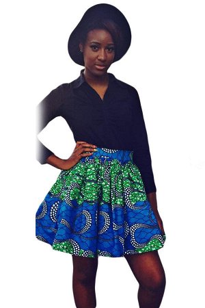 Короткая юбка-солнце с сине-зеленым африканским принтом