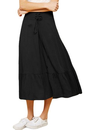 Черная миди юбка А-силуэта с воланом и шнуровкой