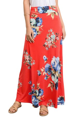 Мандариновая расклешенная макси юбка с ярким цветочным принтом