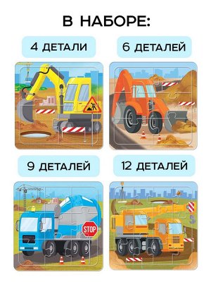 УЦЕНКА (в пакете) Пазлы 4 в 1 «Строительная техника», в рамке