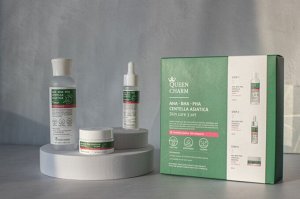 QUEEN CHARM. Набор средств для лица c AHA, BHA, PHA кислотами и центеллой азиатской 9,9%, 3 SET