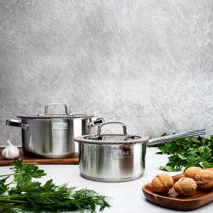 Ковш из нержавеющей стали "Experience" 1,5л, д16см, h8,3см, s0,6мм, дно д14,7см, s4мм, стеклянная крышка с широким силиконовым ободом и сливом, пароотовод, капсулированное дно, полировка внешняя - мат