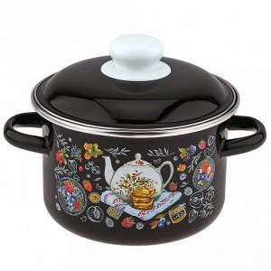 "Десерт к чаю" Кастрюля эмалированная 2л, д18см, h11,5см, цилиндрическая форма, металлическая крышка с пластмассовой ручкой-кнопкой, ободок из нержавеющей стали, глубокая, черный (Россия)