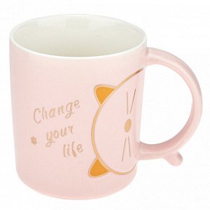 Кружка фарфоровая "Change your life" 400мл, д8,6см h10см, матовая глазурь, деколь с золотом, цвет - светло-розовый, д/горла 8,5см, д/основания 6,7см, в подарочной коробке (Китай)