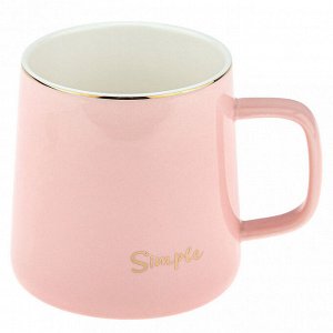 Кружка фарфоровая "Simple" 370мл, д9см h9см, глянцевая глазурь, отводка золотом, деколь с золотом, цвет - розовый, фарфоровая крышка, ложка металл., окрашенный "золото" 13см, д/горла 8см, д/основания