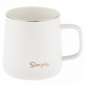 Кружка фарфоровая "Simple" 370мл, д9см h9см, матовая глазурь, отводка золотом, деколь с золотом, цвет - белый, фарфоровая крышка, ложка металл., окрашенный "золото" 13см, д/горла 8см, д/основания 8,5с