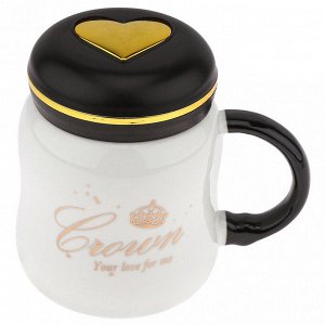 Кружка фарфоровая "Презент" "Crown" 420мл, д9,1см h11см, глянцевая глазурь, деколь с золотом, цвет - белый, пластмассовая, винтовая крышка, герметичная, с силиконовым уплотнителем, д/горла 6,3см, д/ос