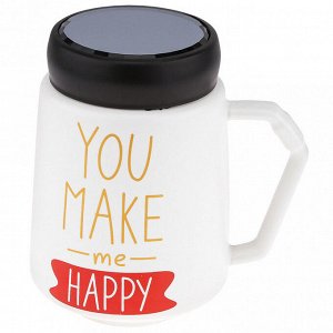 Кружка фарфоровая "Признания" "You make me happy" 600мл, д9,5см h13,3см, матовая глазурь, деколь с золотом, цвет - белый, пластмассовая, винтовая крышка, герметичная, с силиконовым уплотнителем, д/гор