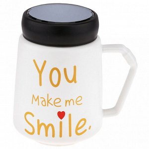 Кружка фарфоровая "Признания" "You make me smile" 600мл, д9,5см h13,3см, матовая глазурь, деколь с золотом, цвет - белый, пластмассовая, винтовая крышка, герметичная, с силиконовым уплотнителем, д/гор