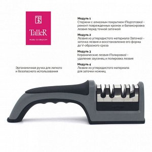Точилка для ножей "Expertise" 22,2х5,3х6,4см, нержавеющая сталь, 3 шлифовальных модуля для ножей, угол заточки: 20?, корпус пластик, ручка пластик/силикон, в блистере, "TalleR"