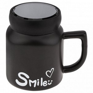 Кружка фарфоровая "Smile" 480мл, 8,7х8,7см h11см, матовая глазурь, с деколью, цвет - черный, пластмассовая, винтовая крышка, герметичная, с силиконовым уплотнителем, д/горла 6,3см, д/основания 6см, в