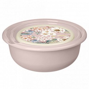 "Modena" Миска пластмассовая набор 3шт: 1,2л - д18см, h8см, 2,1л - д22см, h9см, 3,2л - д26см, h10см, бежевый, с крышкой, с декором (Россия)