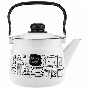 "Kitchen" Чайник эмалированный 2,5л, металлическая крышка с пластмассовой ручкой-кнопкой, подвижная металлическая ручка, белый (Россия)