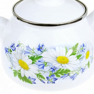 "Ромашковое поле" Чайник эмалированный 2,5л, со свистком, сферическая форма, металлическая крышка (Россия)