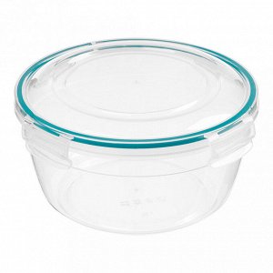 Контейнер для продуктов пластмассовый 0,86л, д15,3см, h8,5см, круглый, герметичный, ручки-клипса, прозрачный, с зеленой оконтовка (Россия)